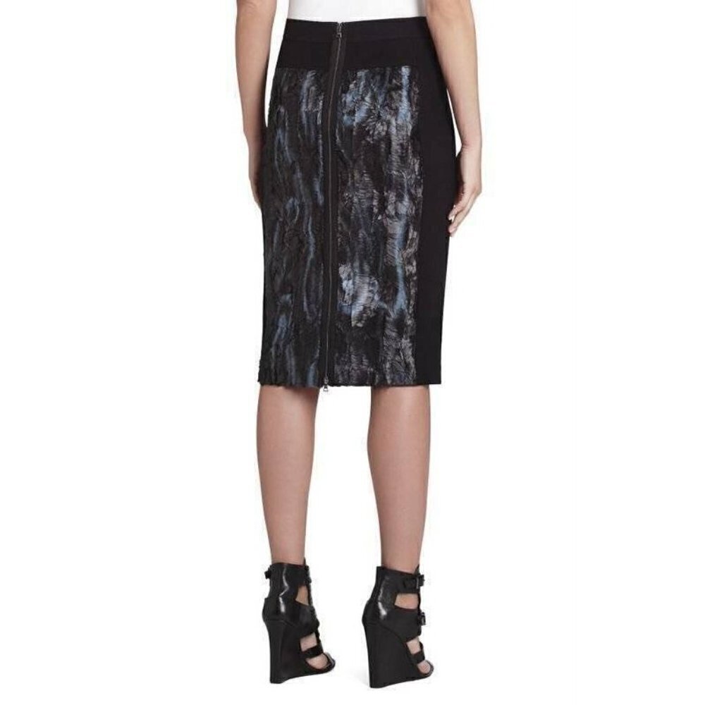 BCBGMaxAzria Ines Black‎ & Teal Faux Fur Back Zip Pencil Skirt S